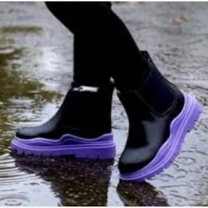 Black Waterproof Rain Boots with Purple Platform Sole